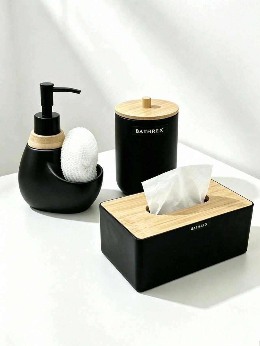 Ceramic/PP Bathroom Accessory Set With Bamboo Lid, Soap Dispenser,Cotton Swab Storage Jar& Bamboo Lid Tissue Box, Modern Nordic Bathroom Countertop Decor, Easy To Wipe Clean,Kitchen Soap Dispenser - Bathroom Series - View 1