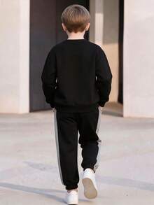 Boys' Spring/Autumn Round Neck Colorblock Sweatshirt 2 Pieces Set, Contrast Sleeve Print Top And Side Contrast Cuffed Sweatpants, Children's Knit Outfit - Black - View 4