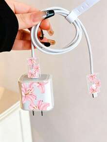 Cute Lily Flower Charger Protector Set, Transparent Charger Adapter Protective Case, Cable Protector Decoration Set, Fashion Floral Pattern Charging Accessories, Suitable For Daily Use - Pink Flower Graphics - View 2