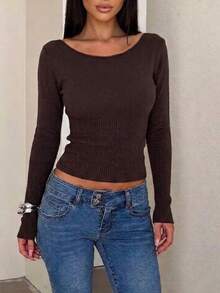 Dila Polly Women's Autumn/Winter Solid Color Slim Fit Versatile Daily Long Sleeve Sweater, Chocolate Brown Off-Shoulder Knit Base Layer - Brown - View 3