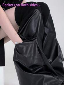 STAR RIVER Subculture Y2K Style Black Leather Patchwork Ribbed Hot Girl 3D Pocket Techwear Leg Warmers - Black - View 3