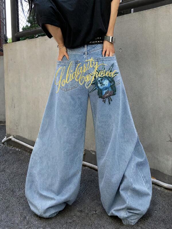 Men's Loose Wide Leg Jeans, Statue Of Liberty Digital Print Wide Leg Pants, Street Fashion Casual Denim Jeans, All-Season Wearable Loose Casual Wide Leg Denim Long Pants