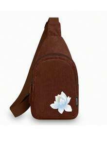 Embroidered Lotus Pattern Crossbody Bag, Unique Printed Corduroy Crossbody Bag, Adjustable Shoulder Strap, Perfect For School, Travel And Leisure - Multicolor - View 16