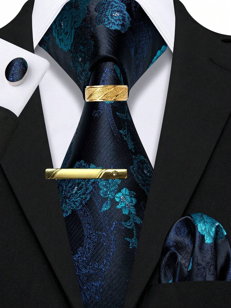 5Pcs Men Teal Blue Floral Jacquard Tie Pocket Square Cufflinks Ring Tie Clip Set, Random Cufflink Pattern, Accessories For Wedding - Teal Blue - View 1