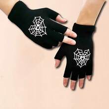 1 Pair Halloween Accessory Gloves, Heart Spider Web Print Warm Short Spider Web Couple Valentine's Day Gift - A - View 9