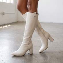 New Fashion Versatile Side Zipper Knee-High Pointed Toe Boots For Women, Outdoor Boots, European And American Style - Beige - View 2