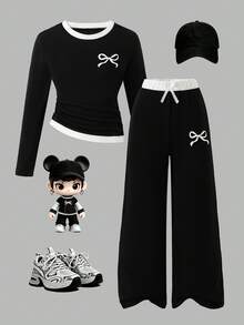 Girls' Casual Fashion Bow Print Colorblock Round Neck Asymmetric Hem Slim Fit Long Sleeve Top And Straight Leg Pants 2 Pieces Set, Spring/Autumn - Black - View 1