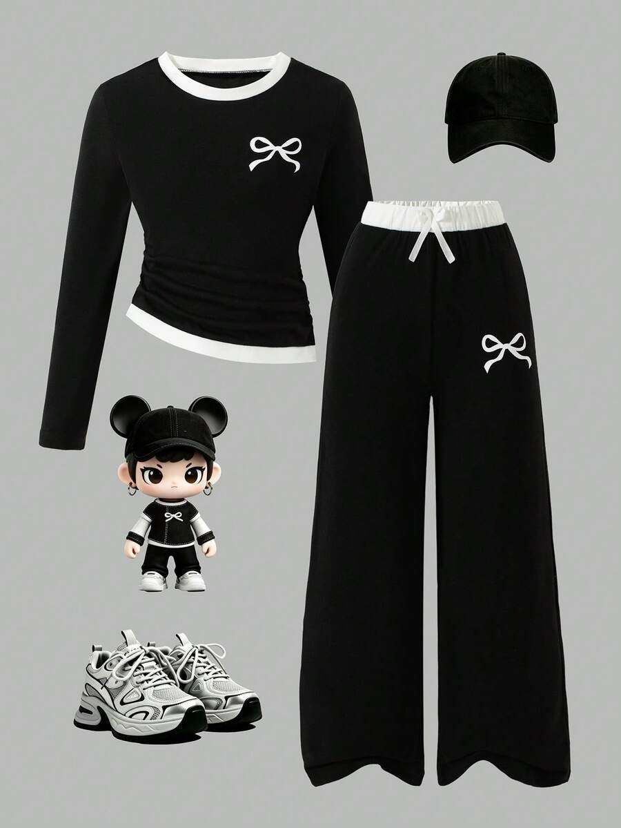 Girls' Casual Fashion Bow Print Colorblock Round Neck Asymmetric Hem Slim Fit Long Sleeve Top And Straight Leg Pants 2 Pieces Set, Spring/Autumn - Black - View 1