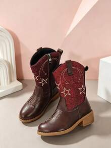 1 Pair Girls' Shiny Star Glitter Pointed Toe Western Boots With Chunky Heel, Sweet Style, Suitable For Autumn/Winter Outdoor Daily Wear - Burgundy - View 3