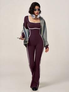 TimeOff Women's 1pc Colorblock White Line Square Neck Built-In Removable Padded Long Sleeve Flare Leg Jumpsuit - Purple - View 10