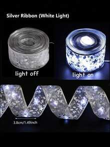 1m/3 Meters/5m/10m Christmas LED Ribbon String Lights, Christmas Tree Home Decor, Handmade DIY Bow Lights, Suitable For Christmas Tree And Gift Box Decoration - Silver - View 8
