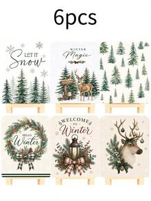 6Pcs Winter Christmas Chair Covers/Backrest Covers, Frost Pine Tree & Reindeer Pattern Dining Chair Covers, Suitable For Home, Hotel And Kitchen Winter Holiday Seat Protection - Multicolor - View 8