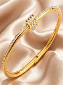 5/1pc Gold Hinge Bracelet, Rhinestone Shell Floral Roman Numeral Details, Suitable For Daily Layering - Gold - View 9