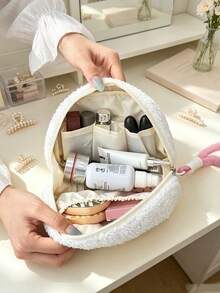 1pc Striped Plush Zipper Pouch, Soft Fuzzy Cosmetic Pouch With Wrist Strap, Cute Half-Moon Storage Pouch, Portable Small Pouch For Coins, Lipstick & Sundries, Fluffy Trim Design Makeup Pouch, Versatile Daily Storage Pouch For Travel & Daily Carry - Multicolor - View 9