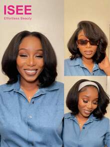 ISEE Women's 3-In-1 Half Wig, Human Hair, Curly/Straight/Curly-Straight, InvisiFit Band, 180% Density, 12-16 Inch Bob, Flexible Fit, Glue-Free Wear, Suitable For Beginners Daily Use - SNatural - View 2