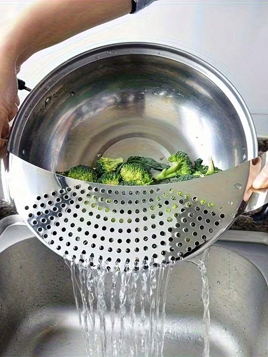 1pc Stainless Steel Strainer, Vegetable Colander, Moon-Shaped Pot Side Strainer, Residue Filter, Filter Plate, Draining Tray - Multicolor - View 1