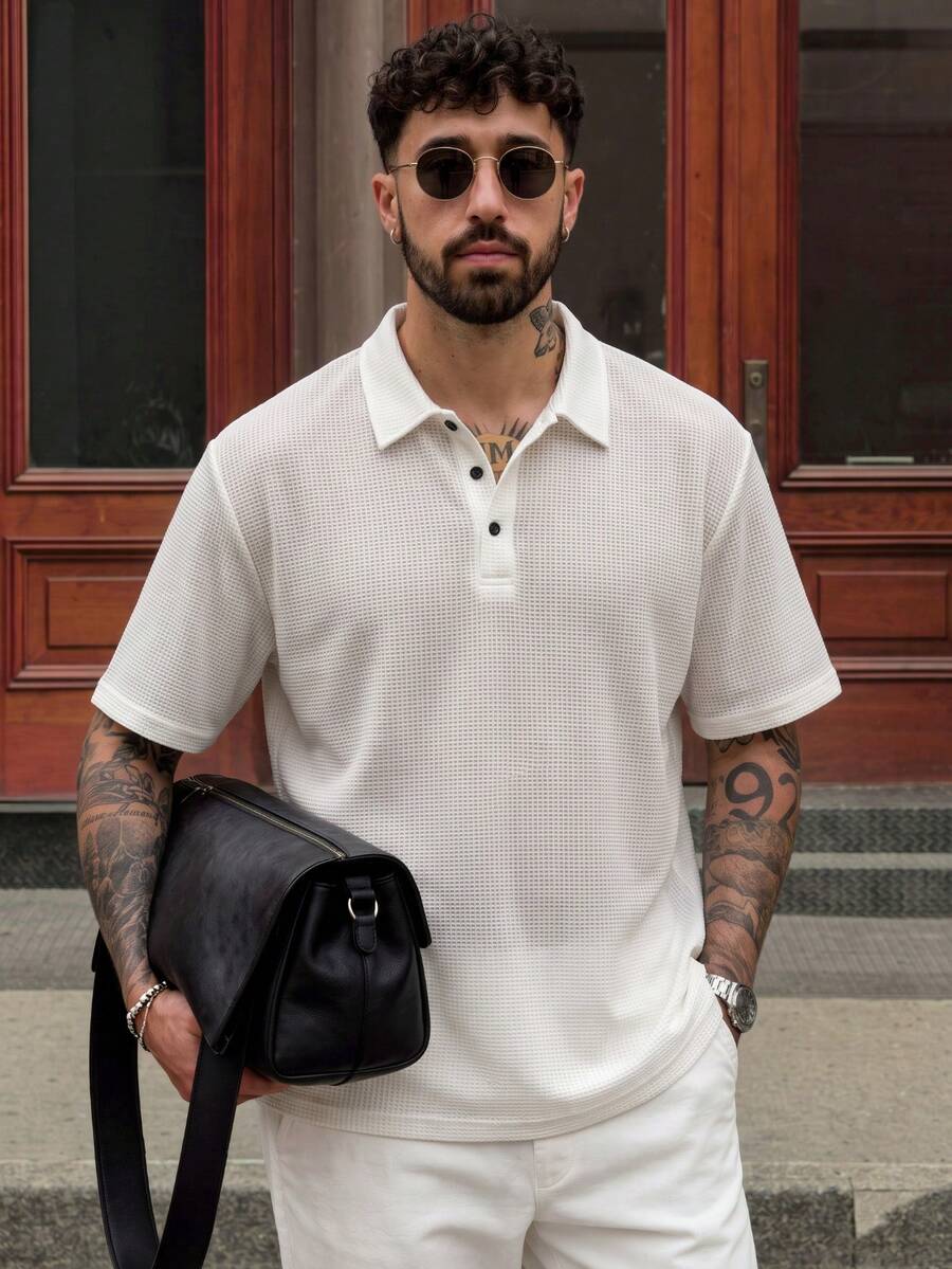 Lookun Men's Polo Shirt, Polo Collar, Short Sleeve, Knit, Loose Straight Fit, Casual Top, Spring/Summer - White - View 1
