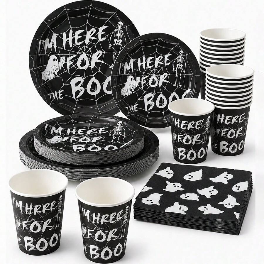 10/24pcs Disposable Tableware Set, Includes 7/9 Inch Paper Plates, Paper Cups And Napkins, Halloween Skull, Ghost And Spider Web Print, Suitable For Gothic Celebration Theme, Dinner Party And Holiday Decoration - Spider Web Ghost - View 1