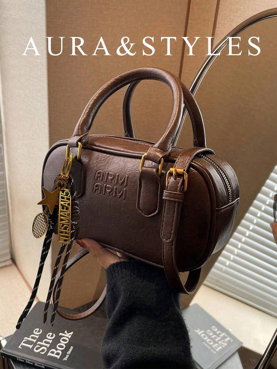 Comes With Doll Pendant, Textured Crossbody Women's Bag, Autumn/Winter New Style, Large Capacity Boston Mom Bag, All-Season Commuter Handbag - Coffee - View 1