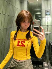 小眾設計運動風百搭短版上衣，紅色字母印花，秋季 Y2K 修身顯身材女款長袖 T 恤 - 黃色 - 查看 4
