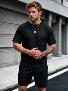 Men's Solid Color Minimalist Casual Daily Outdoor Sports Running T-Shirt & Shorts Set, Beach Vacation Outfit - Black - View 2