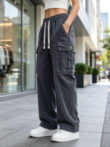 Women's Corduroy Straight Leg Drawstring Pants With Pockets, Loose Casual Long Pants, Suitable For Street Style And Daily Wear - Grey - View 3