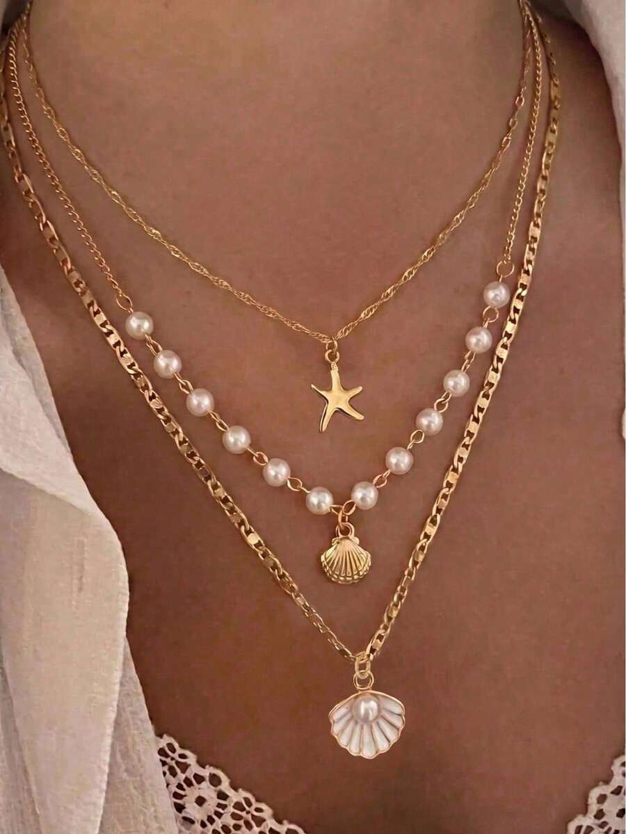 3pcs Summer Bohemian Style Faux Pearl Shell Pendant Multi-Layer Stackable Necklace Set, Suitable For Women Beach Vacation And Daily Wear, Coastal Style - Multicolor - View 1