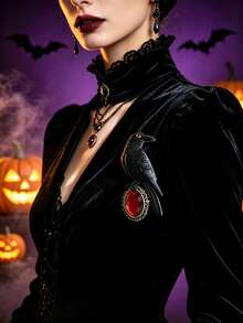 Gothic Black Raven Brooch With Red Crystal Halloween Costume Lapel Pin - Black - View 2