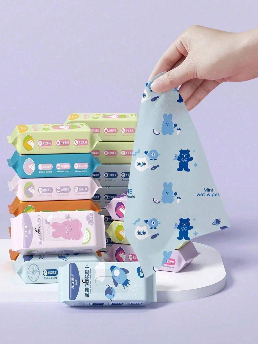 8/16/32/48/96pcs Cute Small Size Printed Wet Wipes, Colorful Printed Shoe Stain Removal Wipes, Clothing Cleaning Wipes, Suitable For Travel, Furniture And Home Essentials, Portable Cleaning Wipes, Kitchen Wipes, Patterned Wipes (Random Packaging Pattern/Tissue Print Color Pattern Random) - Multicolor - View 1
