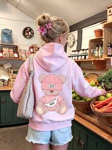 1pc Girls Big Tween Girl Hooded Sweatshirt Soft Cute Striped Bear Pink Children's Hooded Sweatshirt Sweet Healing Style Loose Casual Sweatshirt For Spring And Autumn - Pink - View 3