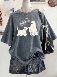 女款大尺碼「Boo-P」幽靈狗舒適水洗 T 恤，趣味萬聖節狗媽媽上衣，灰色上衣 - 鐵灰色 - 查看 1
