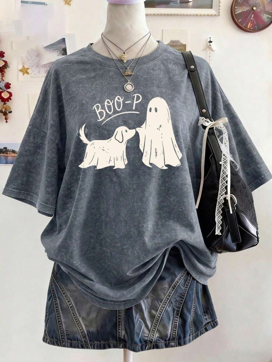 女款大尺碼「Boo-P」幽靈狗舒適水洗 T 恤,趣味萬聖節狗媽媽上衣,灰色上衣 - 鐵灰色 - 查看 1