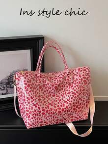 Leopard Print Tote Bag, Large Capacity, Smooth Zipper Closure, Short Hand Strap With Detachable Wide Long Shoulder Strap, Hand-Carry, Shoulder, Crossbody, Multiple Carrying Styles, Suitable For Short Trips, Shopping, Daily Commute - Pink - View 1