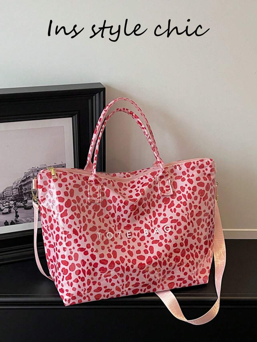 Leopard Print Tote Bag, Large Capacity, Smooth Zipper Closure, Short Hand Strap With Detachable Wide Long Shoulder Strap, Hand-Carry, Shoulder, Crossbody, Multiple Carrying Styles, Suitable For Short Trips, Shopping, Daily Commute - Pink - View 1