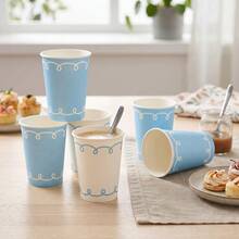 10/20/50 Pcs,Soft Blue And Off‑White Scroll Trim Disposable 9oz Paper Cups,Delicate Curved Loop Border Pattern Party Cups,Lightweight Disposable Drink Cups,For Gender Reveal Party,Nautical Theme,Engagement Party,Spring Celebration,BabyShower - Blue - View 5
