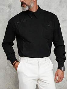 GOLDREDY Spring/Autumn New Chinese Style Deconstructed Asymmetric Diagonal Button Black Shirt For Men, Matte Draping Stand Collar Single Pocket Loose Drop Shoulder Niche Design Commute Long Sleeve Shacket - Black - View 2
