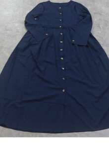 Plus Size Women Solid Color Lantern Sleeve Single Breasted Long Arabian Dress,Modest Casual Spring Fall - Navy Blue - View 5