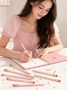 1-50pcs Mini Heart-Shaped Gold Foil Pencils With Erasers, 4inch/10cm Mini HB Hexagonal Golf Pencils With 1 Pencil Sharpener, Gift For Wedding (Pimk) - Pink - View 6