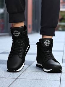 Men High‑Top Sneakers,Lace‑Up Closure,Contrast White Trim Sole,For Daily Wear, Jogging, Outdoor Commute - Black - View 2