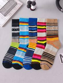 1/5/10 Pairs Men's Retro Colorblock Striped Mid-Calf Socks, Niche Personalized Rainbow Horizontal Stripe Slouch Socks, Autumn/Winter Versatile Socks, Happy Crazy Socks - Multicolor - View 24