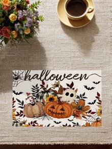 2/4/6Pcs Placemats, Fall Halloween Pumpkin Ghost Sunflower Spider Web Thanksgiving Dining Table Place Mats Party Home Decor - White - View 5