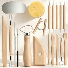 22/19件套黏土雕塑工具組，木柄不鏽鋼材質，適用於雕刻、塑形、DIY手工藝 - 彩色 - 查看 9