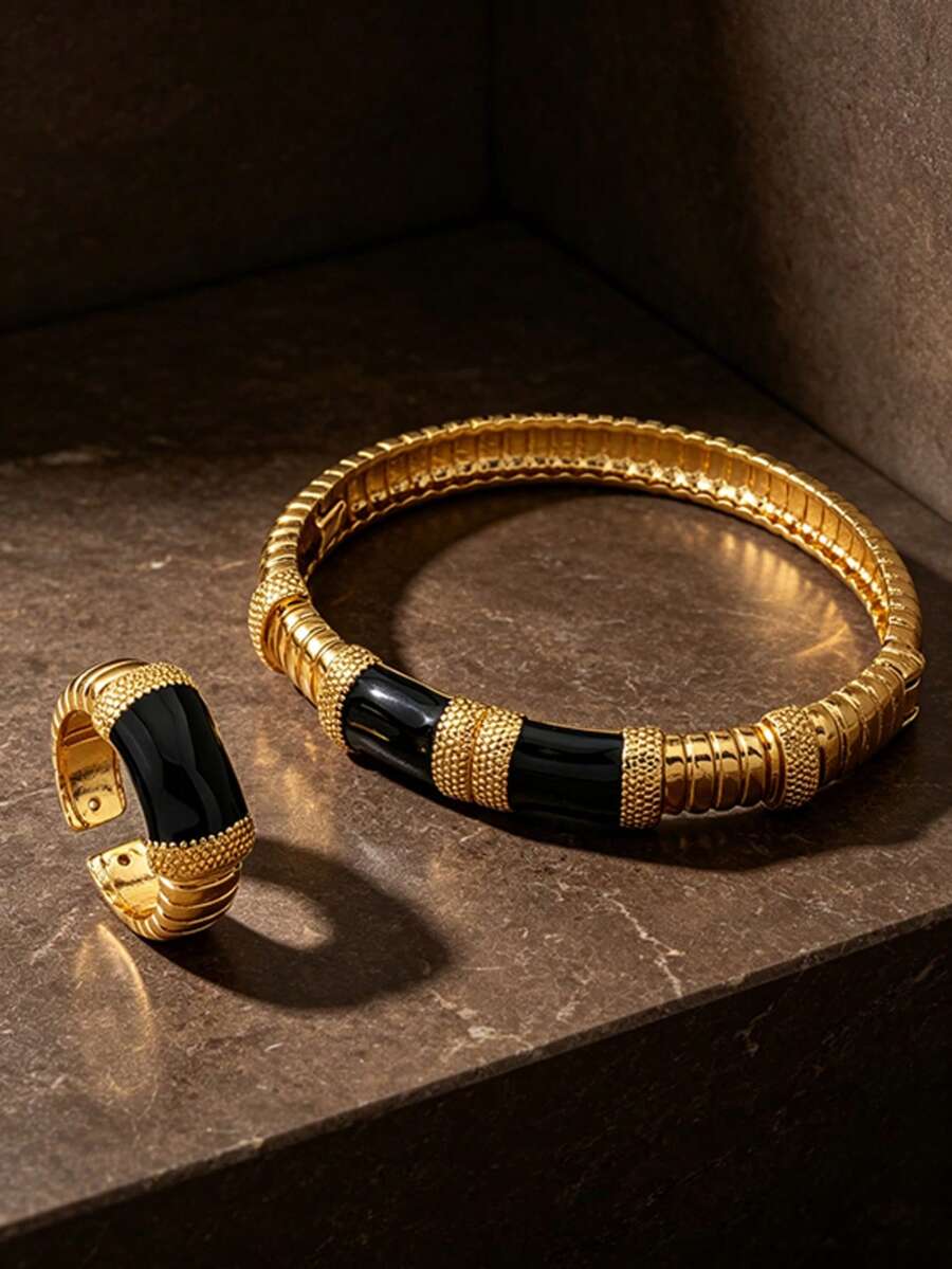 Letingsha 2pcs Fashion Gold-Plated Black Enamel Bamboo Joint Bracelet & Open Ring Set, Suitable For Women's Daily, Party, Wedding Wear - Black - View 1