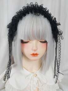 1件白色蕾絲髮箍，附粉色蝴蝶結與緞帶，Lolita風格女款時尚Cosplay髮飾 - 黑色 - 查看 1