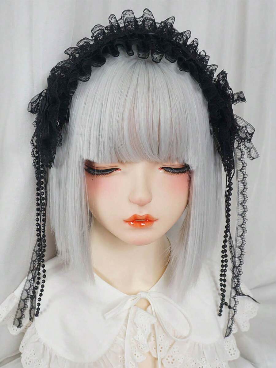 1件白色蕾絲髮箍,附粉色蝴蝶結與緞帶,Lolita風格女款時尚Cosplay髮飾 - 黑色 - 查看 1