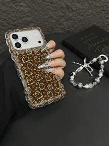 1pc Coffee Brown Base Simple Ghost Star Moon Heart Halloween Full Print Pattern Anti-Fall High Transparency Transparent Silicone Soft Shell Material Wavy Edge Full Coverage Style Optional Bowknot Silver White Pearl Chain Lanyard Vintage Coffee Brown Ghost Halloween Phone Case Compatible With Apple Android All Models Minimalist Atmosphere Anti-Fall Protective Case - Clear - View 6
