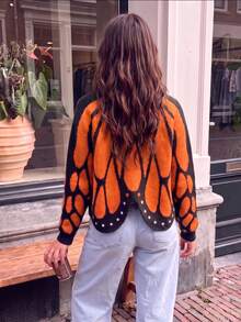 Butterfly Shawl Knit Cardigan, Colorblock Crochet Design, Loose Batwing Sleeves, Spring/Autumn Vibe Sweater Fall - Orange - View 3