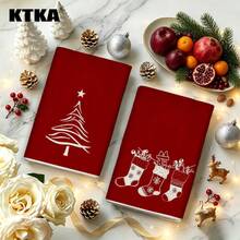 2pcs Christmas Kitchen Dish Towels, Christmas Tree & Stocking Silhouette Print Napkins, Holiday Winter Home Decor Kitchen Hand Towels - Red - View 3