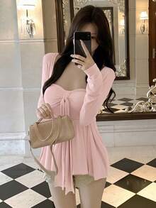 2pcs/Set Minimalist Pink Long Sleeve Cardigan Jacket And Camisole Top, Spring Outfit Elegant Summer - Pink - View 1