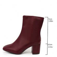 Women's Burgundy Solid Color Faux Leather Ankle Boots, Round Toe, Chunky Heel, Side Zipper, Suitable For Date, Party, Autumn/Winter - Burgundy - View 9